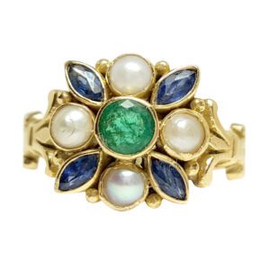 Złoty Pierścionek "Royal Garden" – Szmaragd, Szafiry i Perły