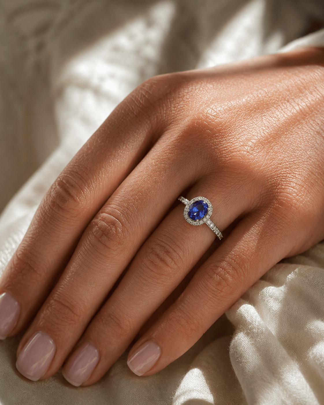 ring szafir modelka Kobieta w białej sukni prezentująca złotą biżuterię ślubną i zaręczynową