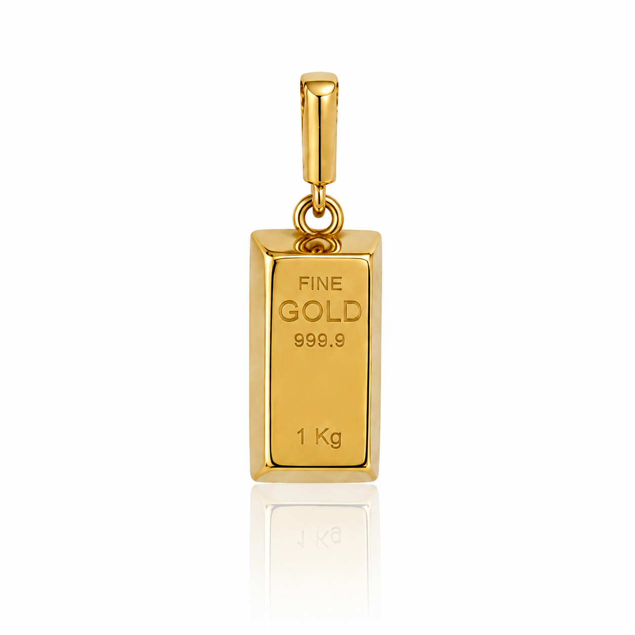 Zawieszka Sztabka to geometryczny model inspirowany klasyczną sztabką złota. Jej front zdobi charakterystyczny grawer „FINE GOLD 999.9” oraz „1 Kg”, a ruchome mocowanie pozwala swobodnie zawiesić ją na wybranym łańcuszku.